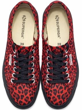 Superga Red Black Leopard Satin Platform Sneakers Rare Print 8